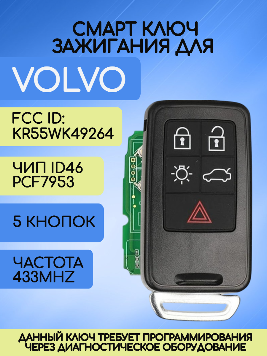 Смарт ключ зажигания 5 кнопок для Вольво / Volvo KR55WK49264