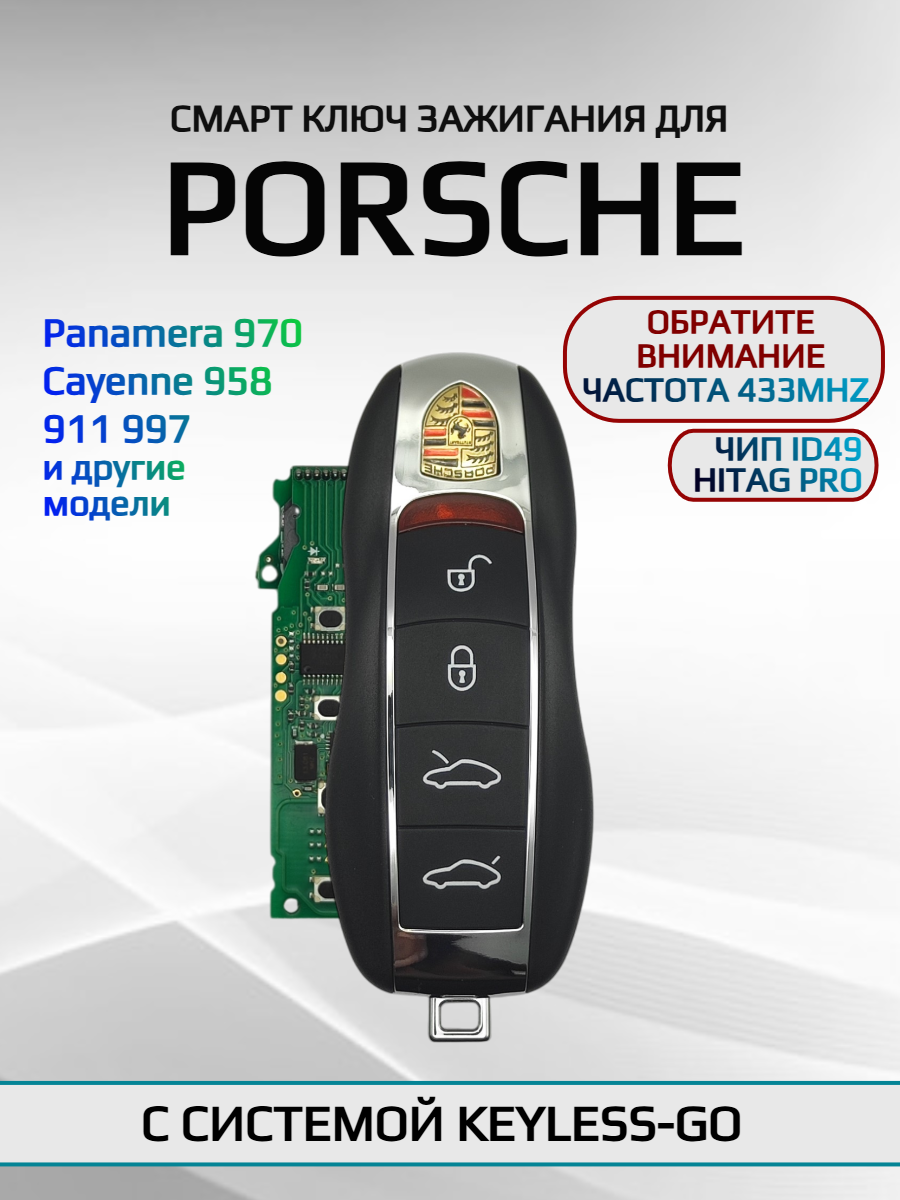 Ключ зажигания с 4 кнопками 433Mhz для Porsche / Порш (черный)