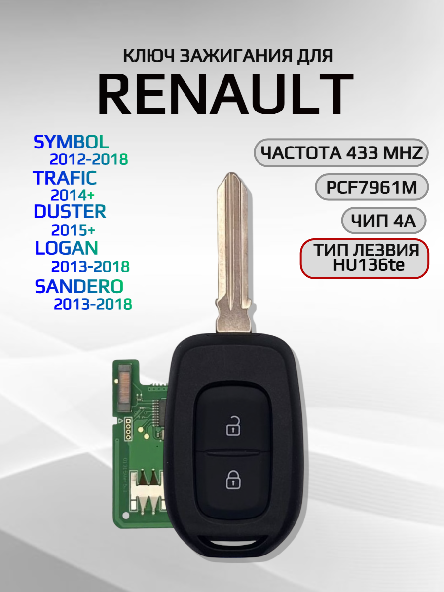 Ключ зажигания с 2 кнопками для Renault Symbol / Trafic/ Duster/ Logan/ Sandero, лезвие HU136te