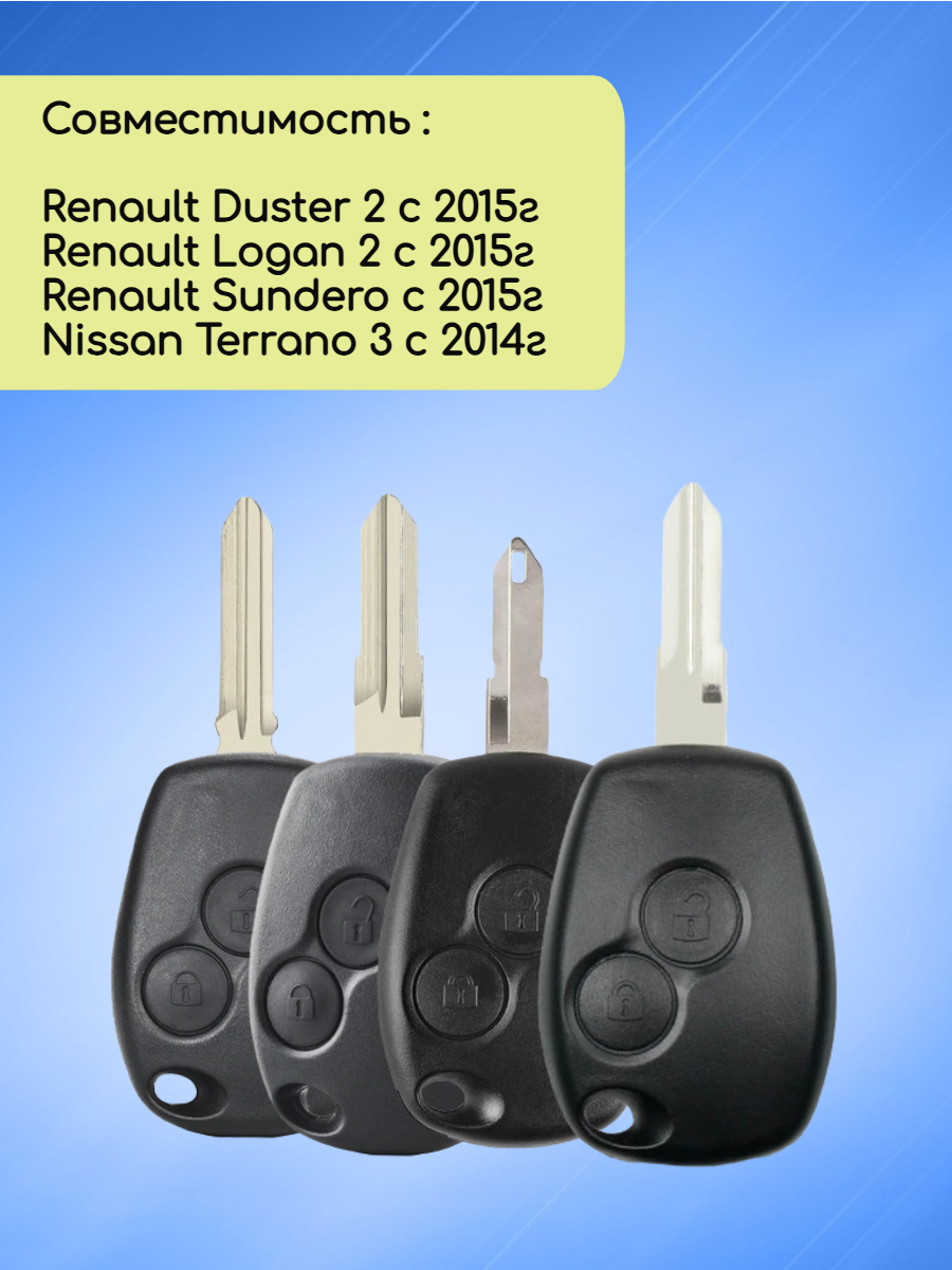Простой ключ зажигания для Рено / Renault с 2 кнопками с частотой 433 mhz и чипом PCF7361 4A AES в комплекте 4 вида лезвий