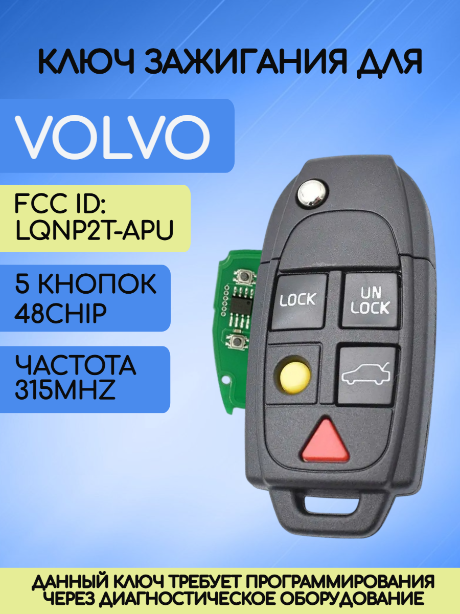 Смарт ключ зажигания с 5 кнопками для Вольво / Volvo KR55WK49264 с частотой 433 mhz и чипом ID46 PCF7953 без системы Keyless Go