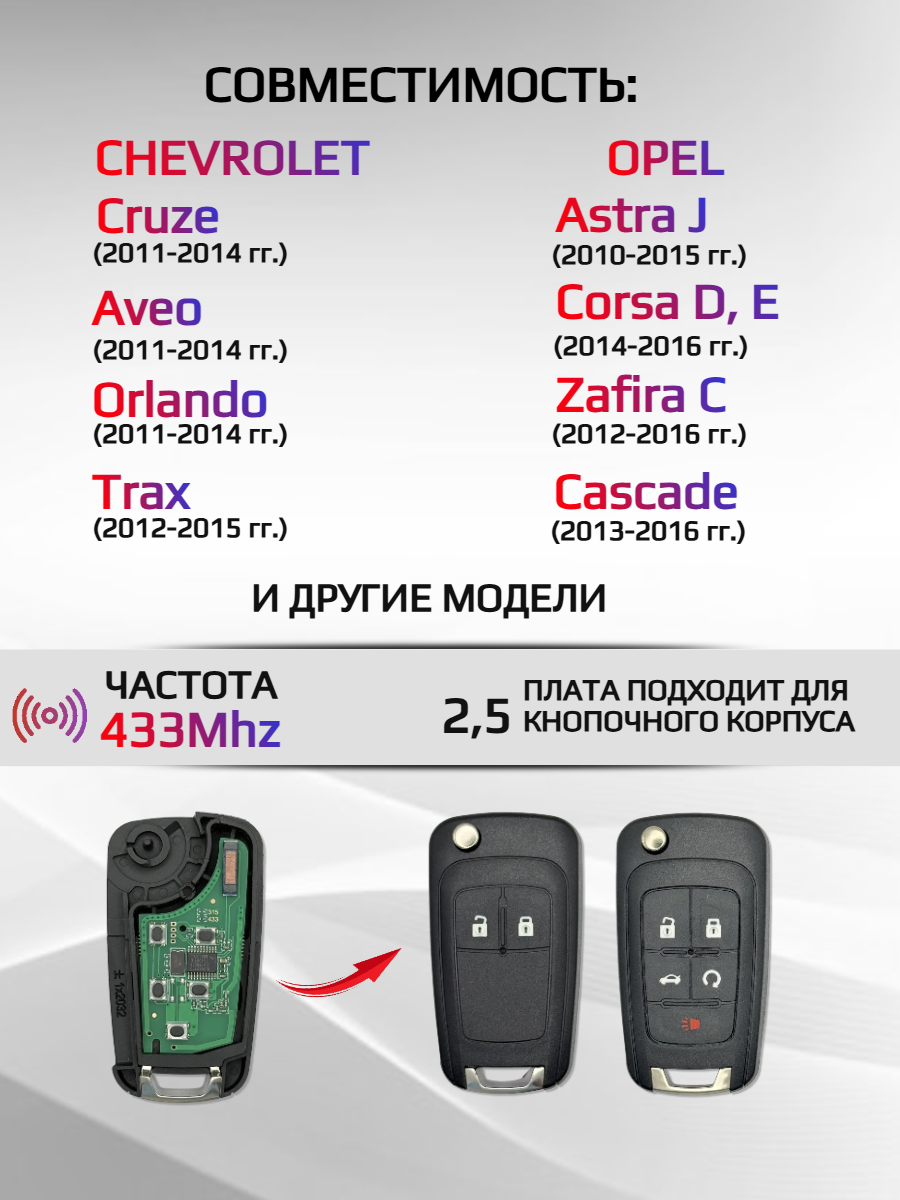 Плата для ключа Chevrolet Opel 433 mhz для 2,5 кнопок 