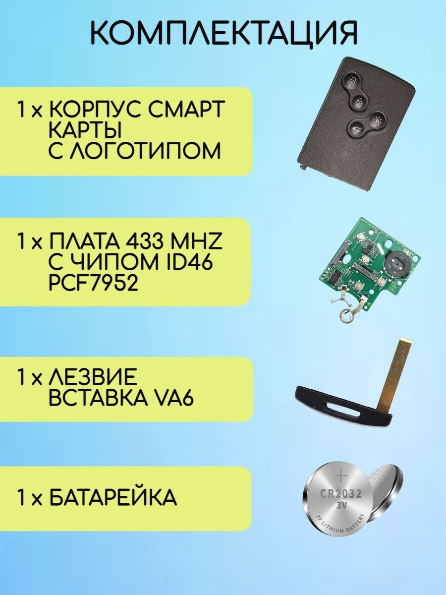 Смарт карта-ключ для Renault с 4 кнопками с частотой 433 mhz и чипом ID46 - PCF7952 с лезвием VA6