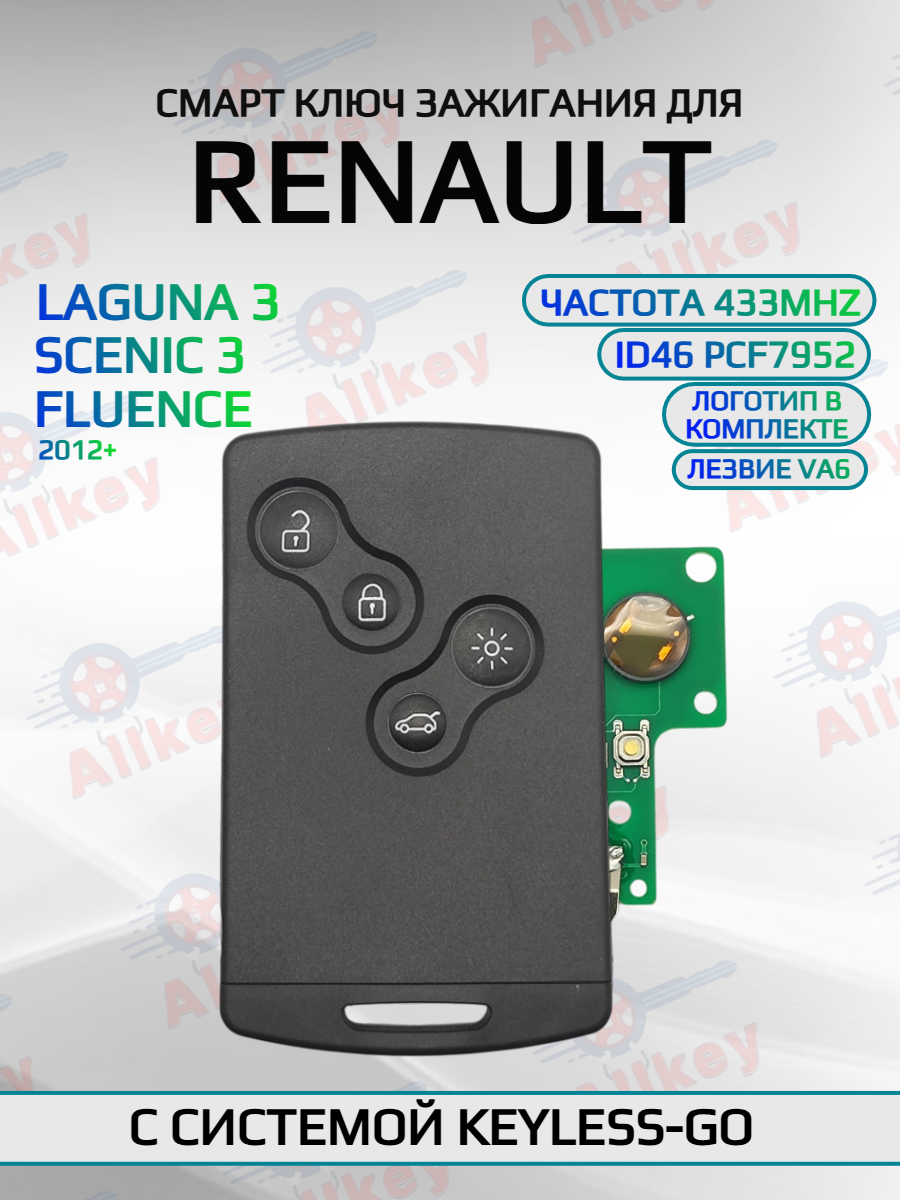 Смарт карта-ключ для Renault с 4 кнопками с частотой 433 mhz и чипом ID46 - PCF7952 с лезвием VA6