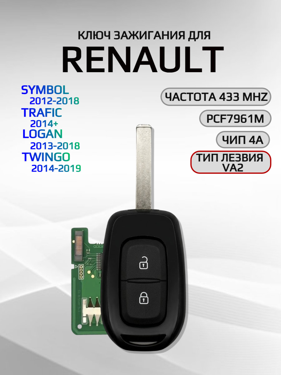 Ключ зажигания с 2 кнопками для Renault Symbol / Trafic/ Twingo/ Logan/, лезвие VA2