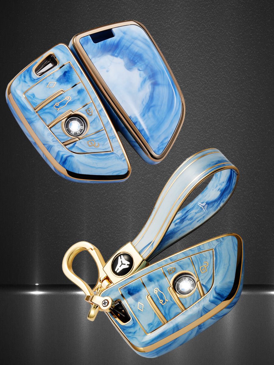 Чехол для СМАРТ ключа BMW БМВ голубой мрамор с ремешком