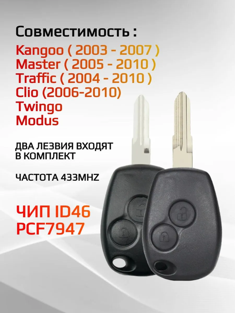 Простой ключ зажигания для Renault с 2 кнопками с частотой 433 mhz и чипом ID46 PCF7947 в комплекте 4 вида лезвий
