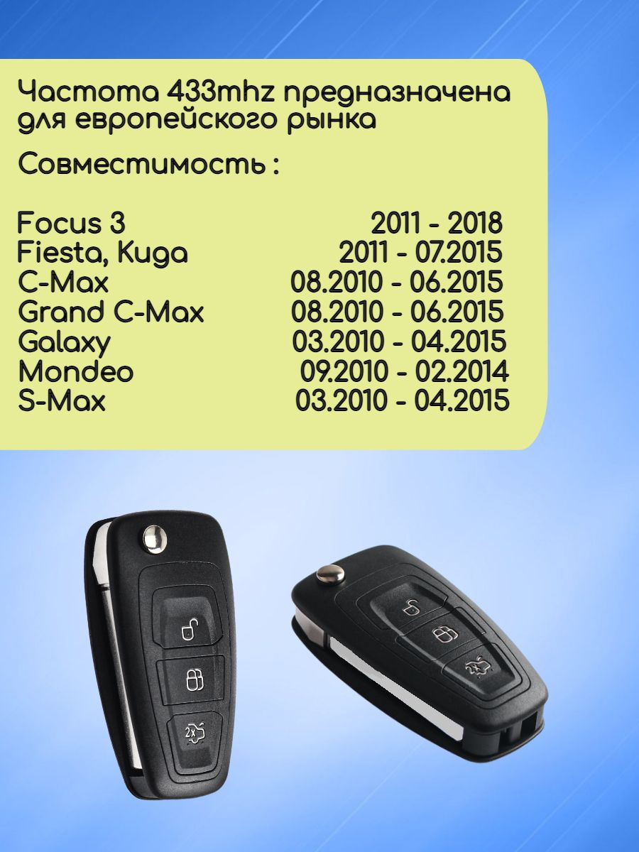 Выкидной ключ для Ford Focus 3 с 3 кнопками с частотой 433 mhz и чипом 4D63 6F 80 bit с лезвием HU101