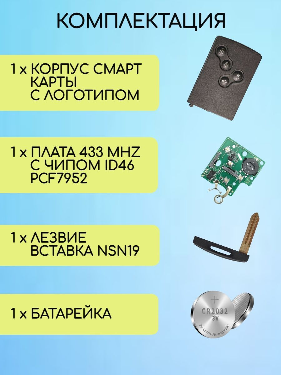 Смарт карта-ключ для Renault с 4 кнопками с частотой 433 mhz и чипом ID46 - PCF7952 с лезвием NSN19 с системой Keyless Go