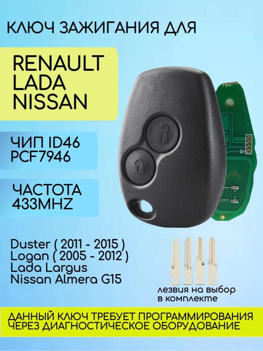 Простой ключ зажигания для Renault с 2 кнопками с частотой 433 mhz и чипом ID46 PCF7946 в комплекте 4 вида лезвий