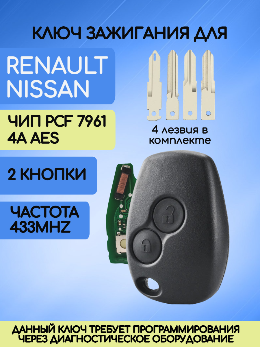 Простой ключ зажигания для Рено / Renault с 2 кнопками с частотой 433 mhz и чипом PCF7361 4A AES в комплекте 4 вида лезвий