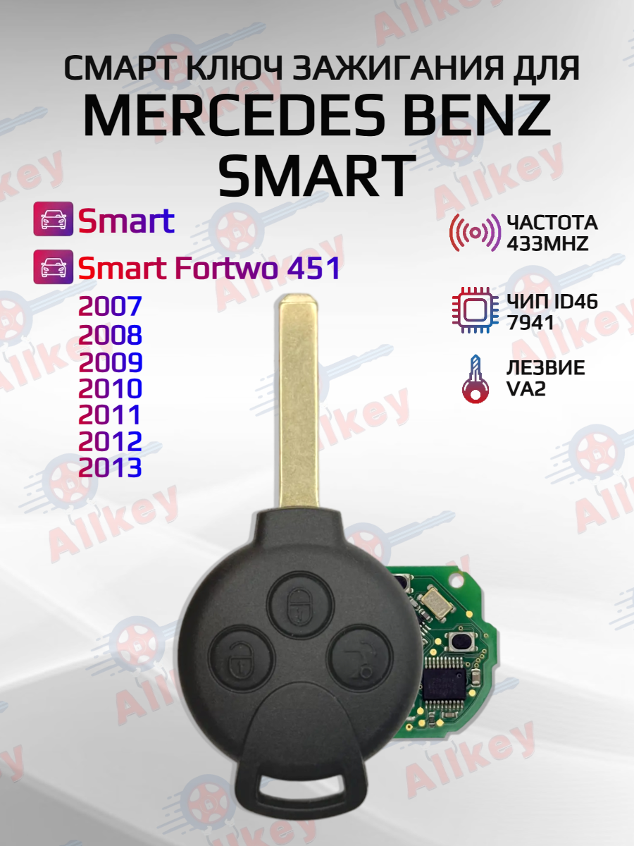 Смарт ключ зажигания с 3 кнопами для Mercedes/Smart, лезвие VA2, частота 433Mhz