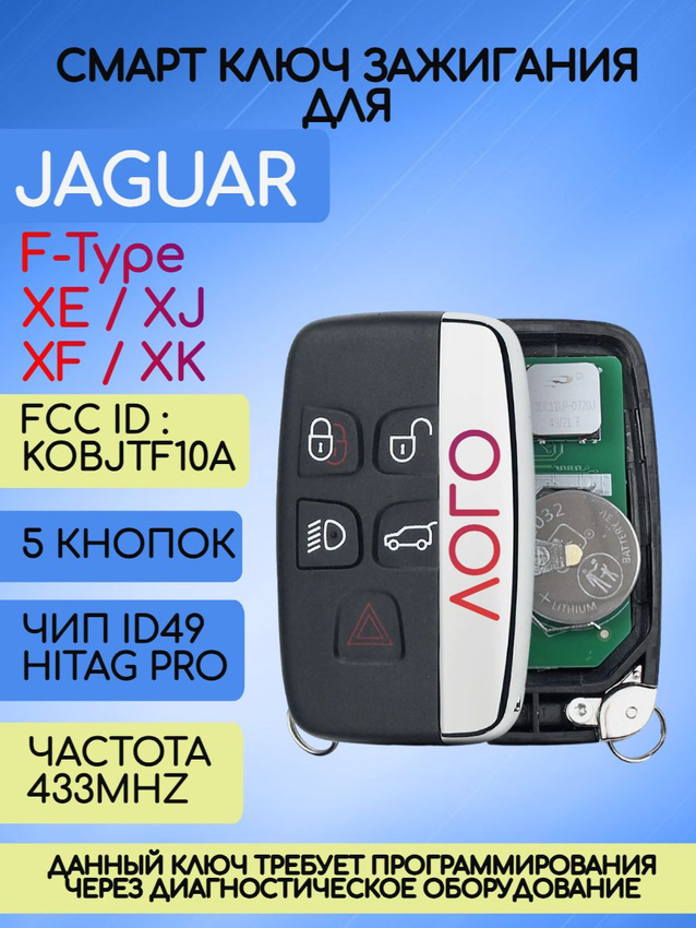 Смарт ключ зажигания для Jaguar Ягуар с 5 кнопками с частотой 433 mhz и чипом ID49 HITAG PRO PCF7953P с логотипом