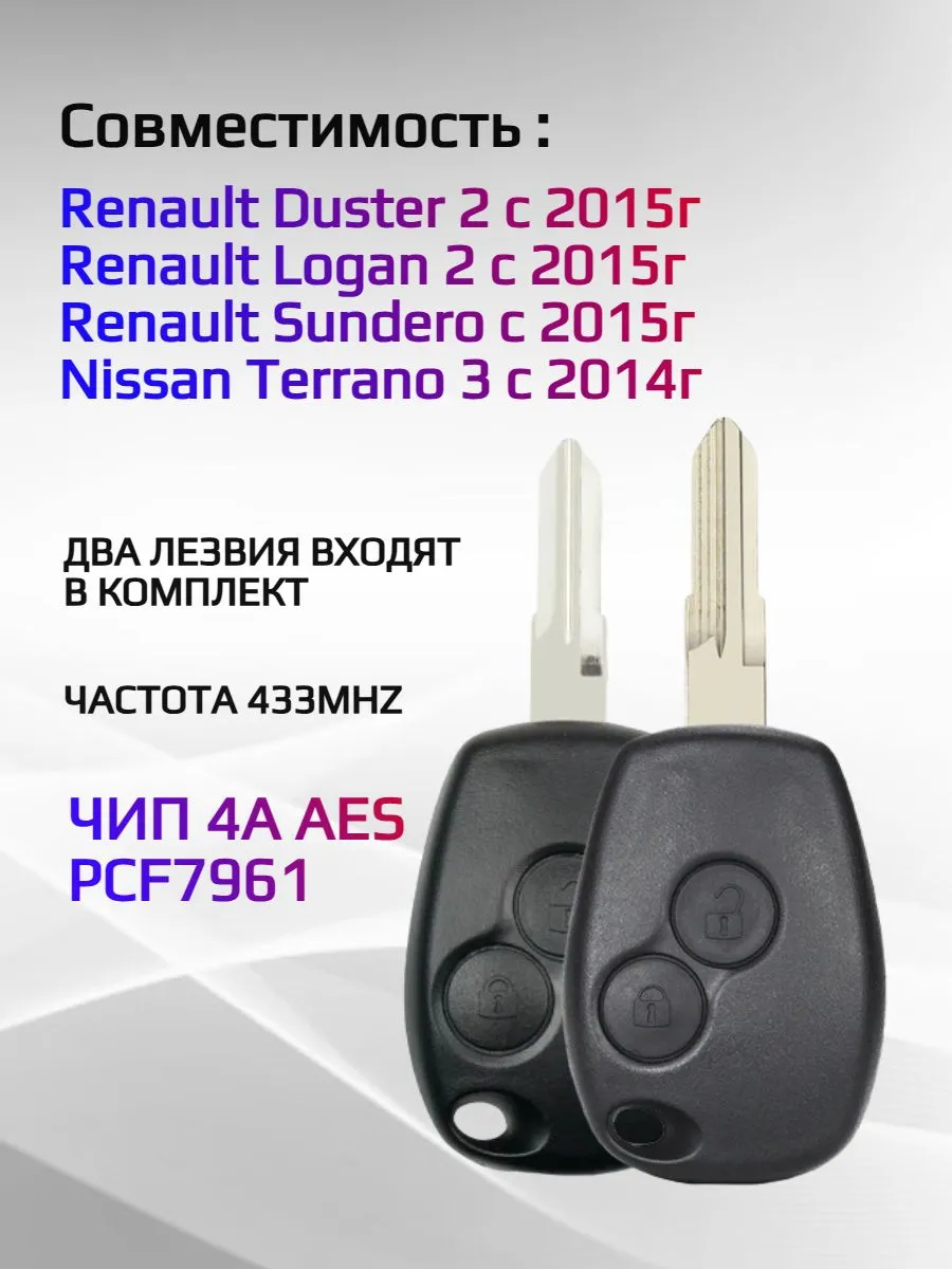 Простой ключ зажигания для Рено / Renault с 2 кнопками с частотой 433 mhz и чипом PCF7361 4A AES в комплекте 4 вида лезвий