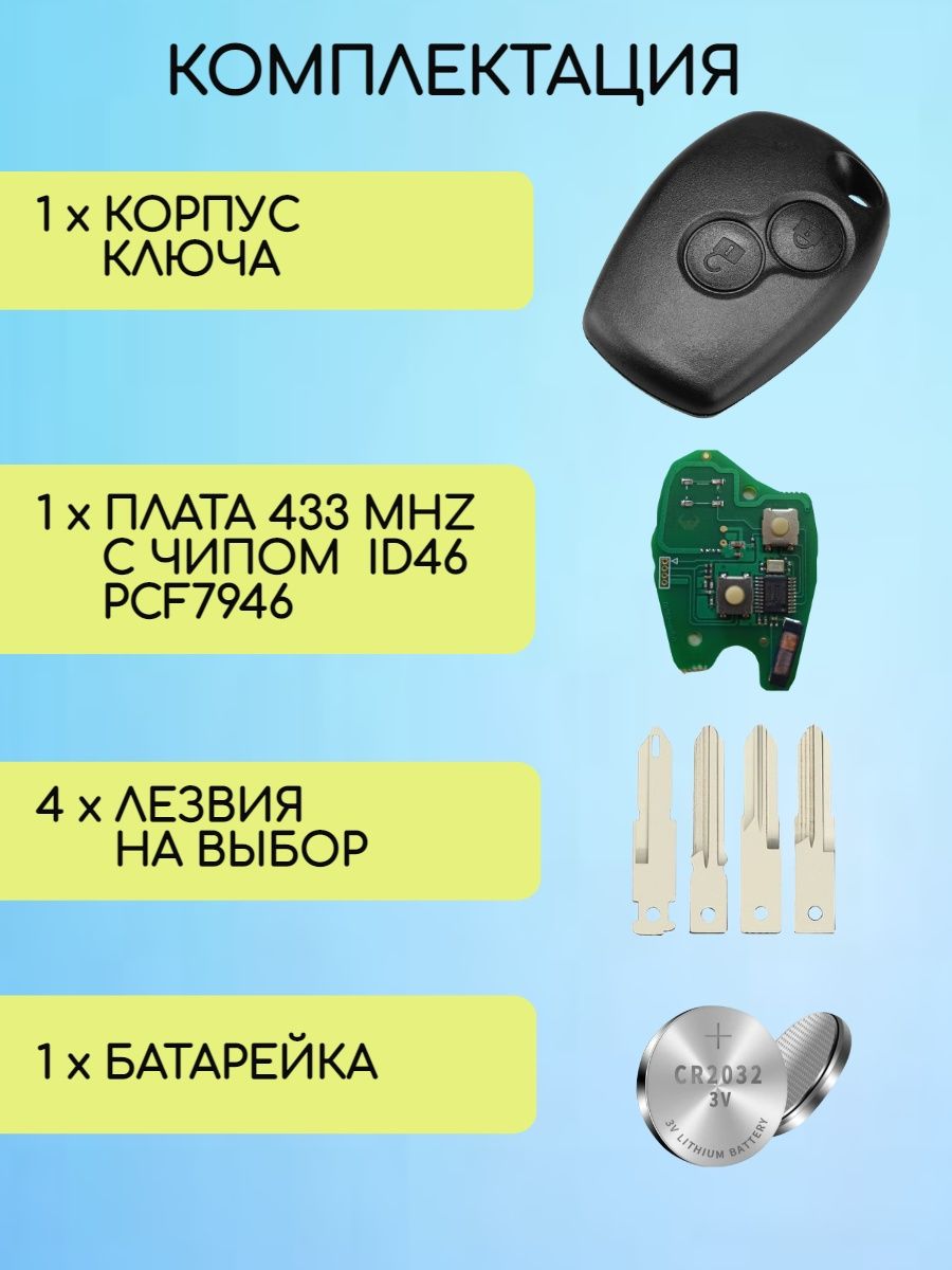 Простой ключ зажигания для Renault с 2 кнопками с частотой 433 mhz и чипом ID46 PCF7946 в комплекте 4 вида лезвий