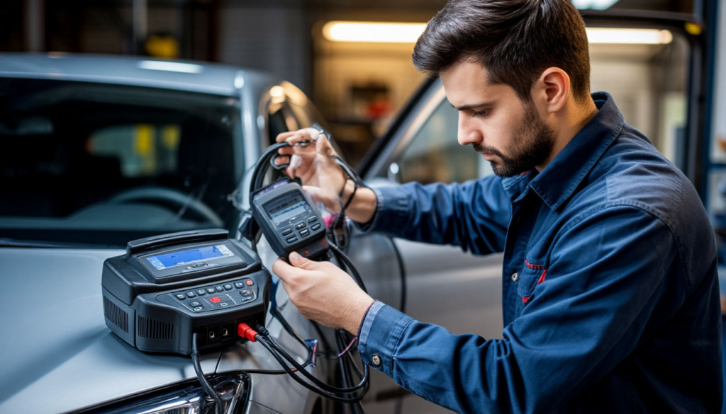 Закрытая машина без ключа и мастер с диагностическим оборудованием