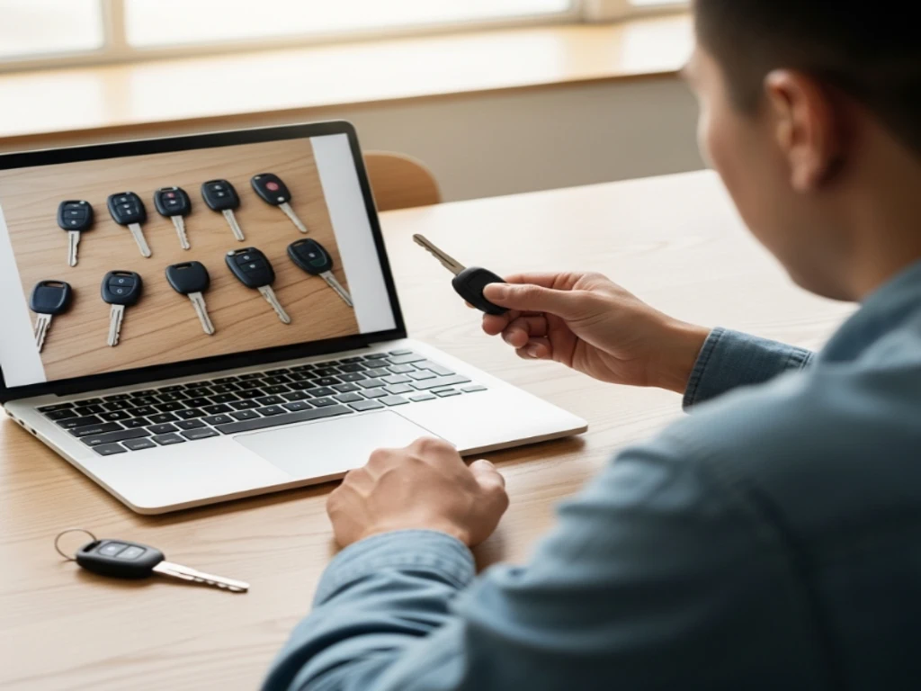 Автовладелец сравнивает свой ключ с профилями лезвий. Автовладелец сравнивает свой ключ с профилями лезвий.