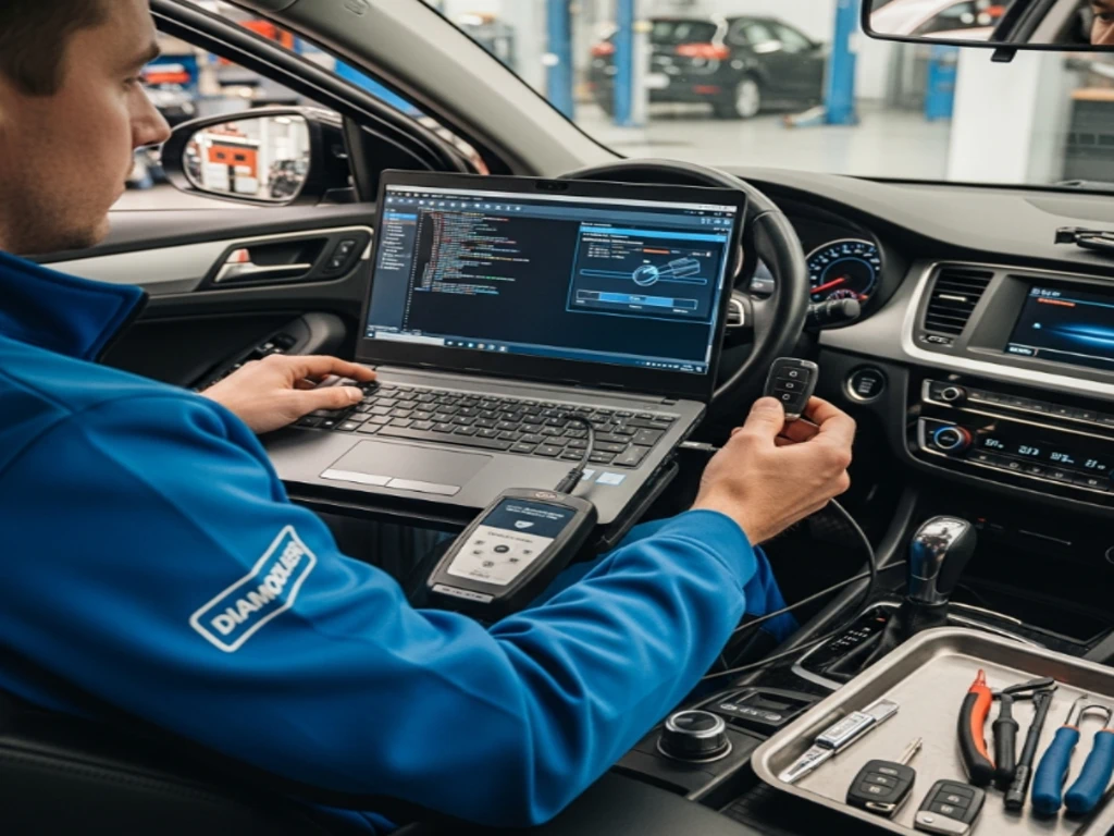 Специалист проводит диагностику иммобилайзера и программирование автомобильного ключа.