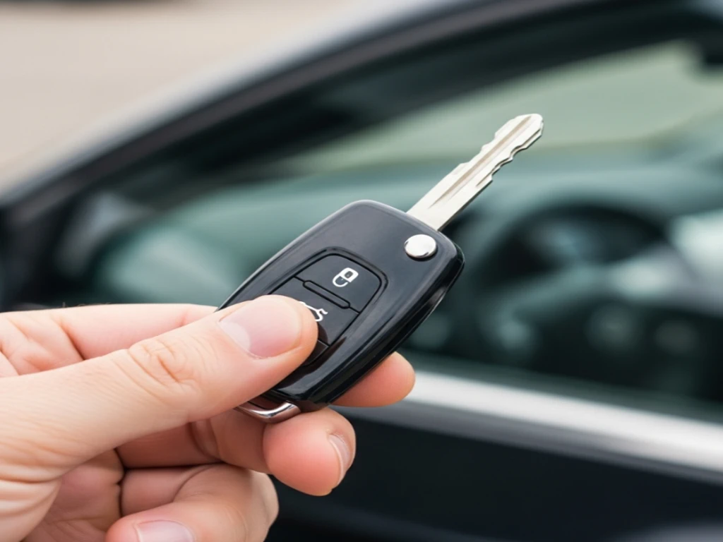 Рука с новым выкидным ключом направлена на автомобиль для проверки.