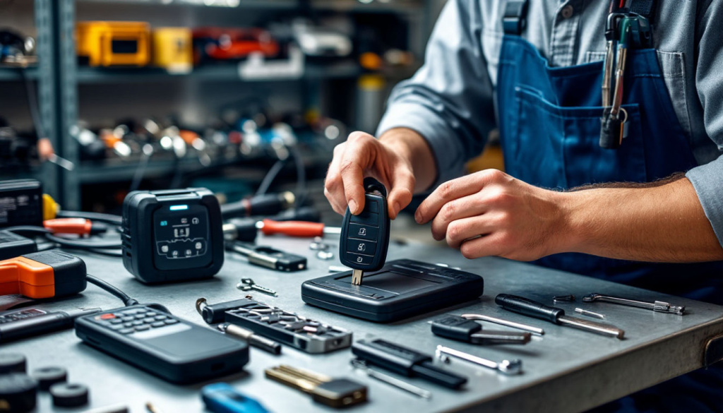 Мастер восстанавливает автомобильный ключ с помощью специального оборудования